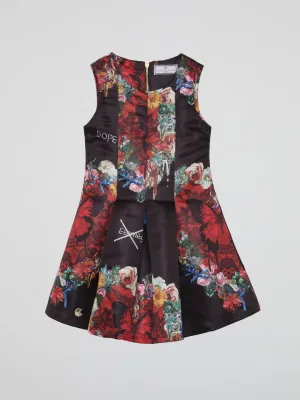 Black Floral Pleated Mini Dress (Kids)