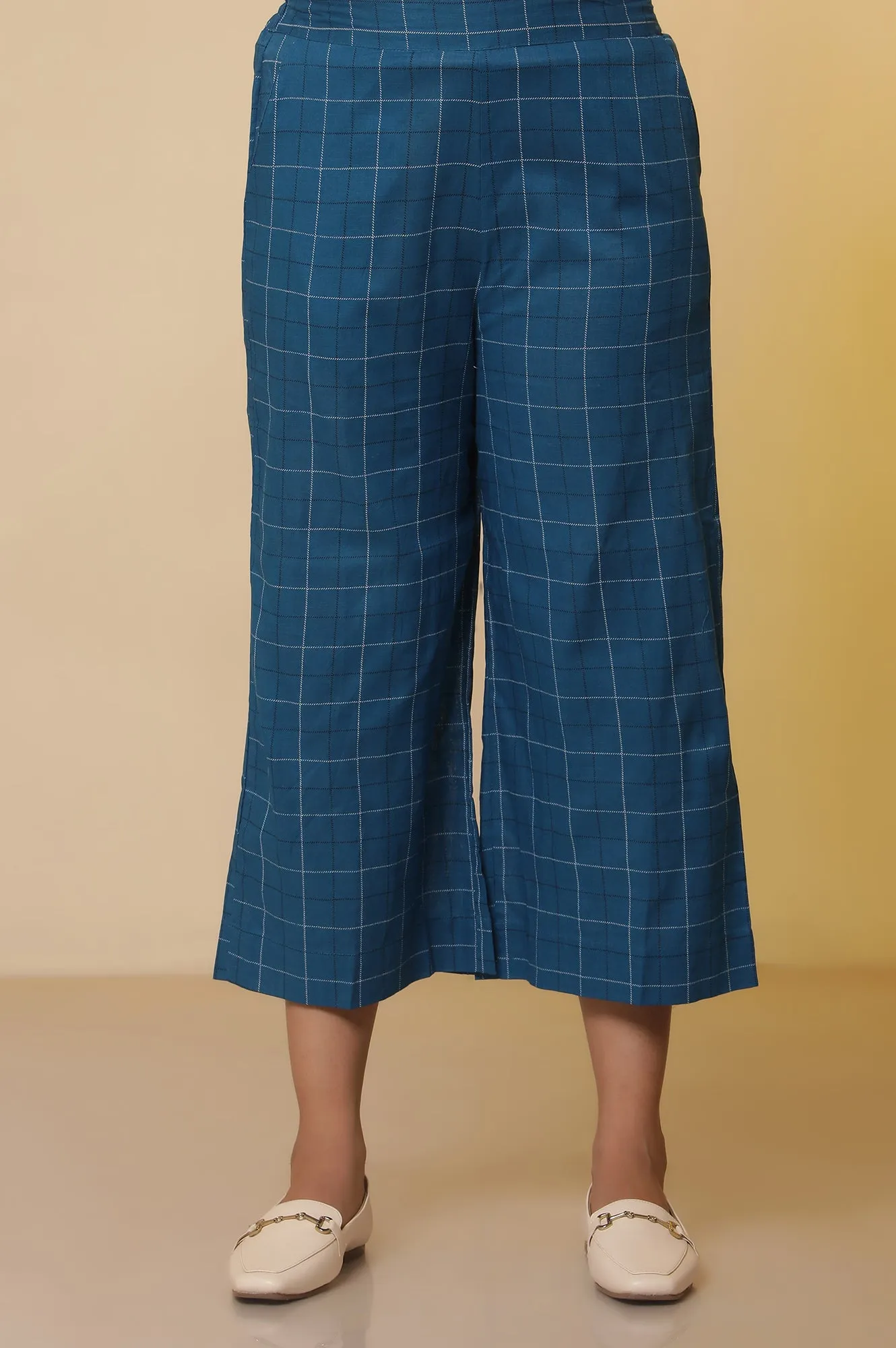Blue Checker Cotton Shirt Kurta and Culottes Set