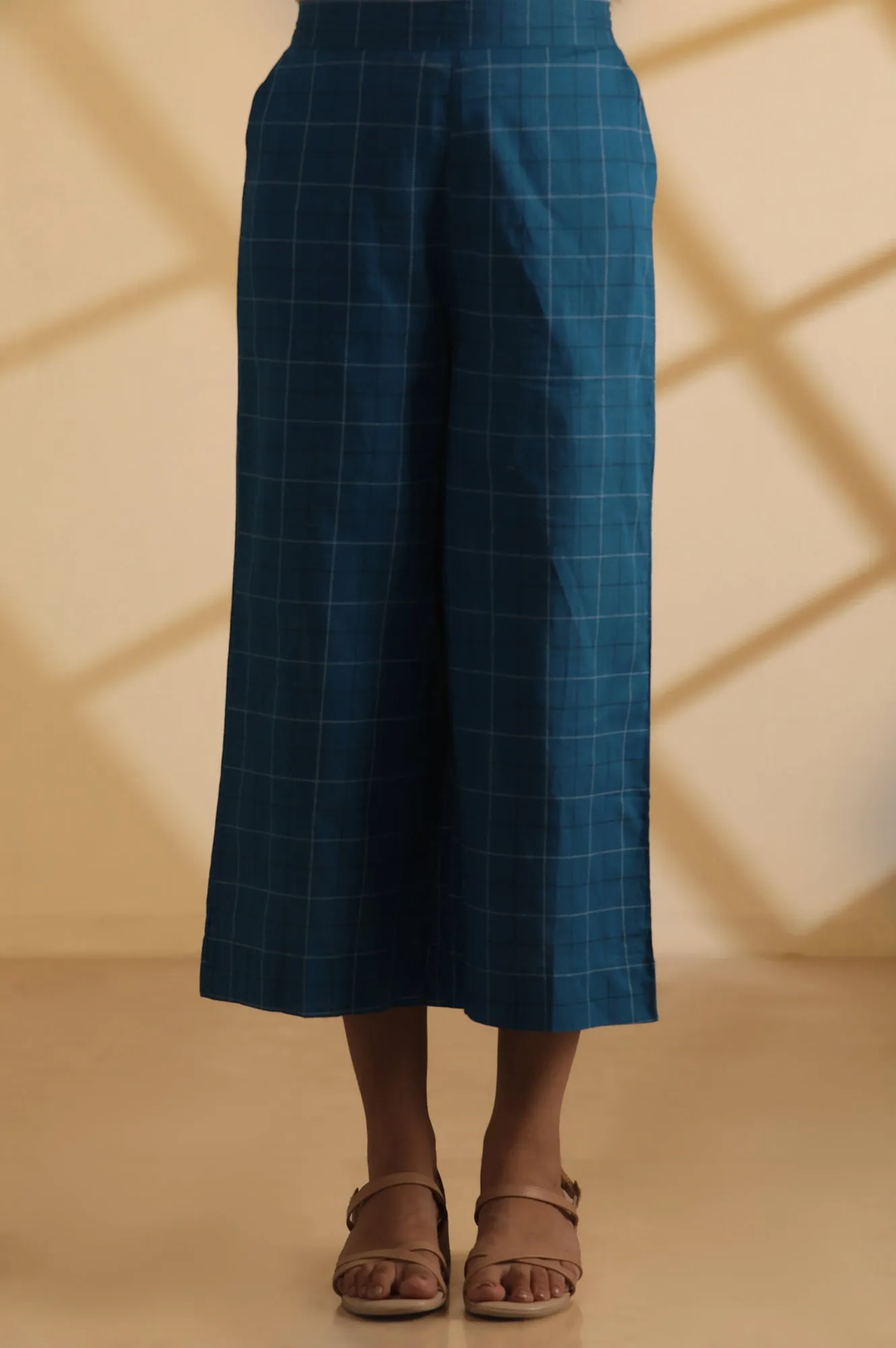 Blue Checker Cotton Shirt Kurta and Culottes Set