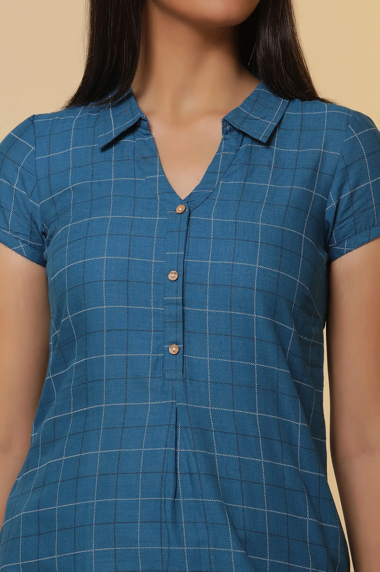 Blue Checker Cotton Shirt Kurta and Culottes Set