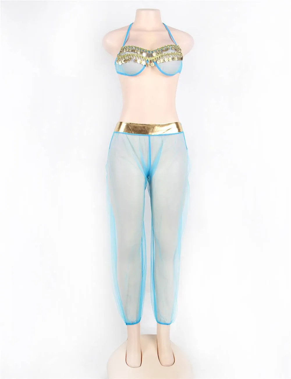 Blue Egypt Style Sexy Bralette Lingerie Set With Golden Paillette