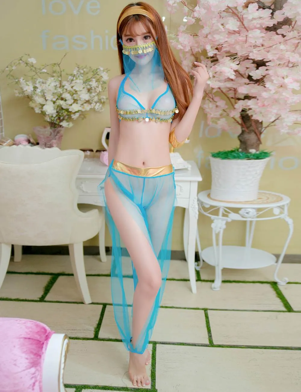 Blue Egypt Style Sexy Bralette Lingerie Set With Golden Paillette