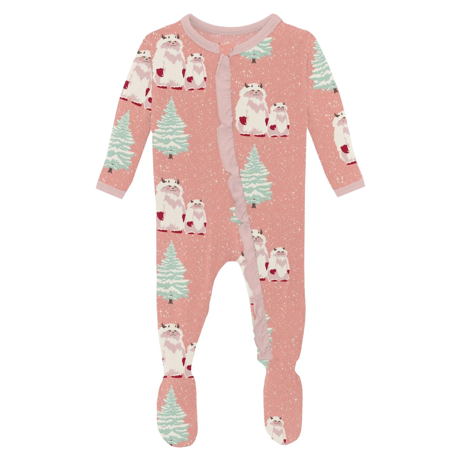 Blush Yeti Ruffle Footie with 2-way zipper - Holiday