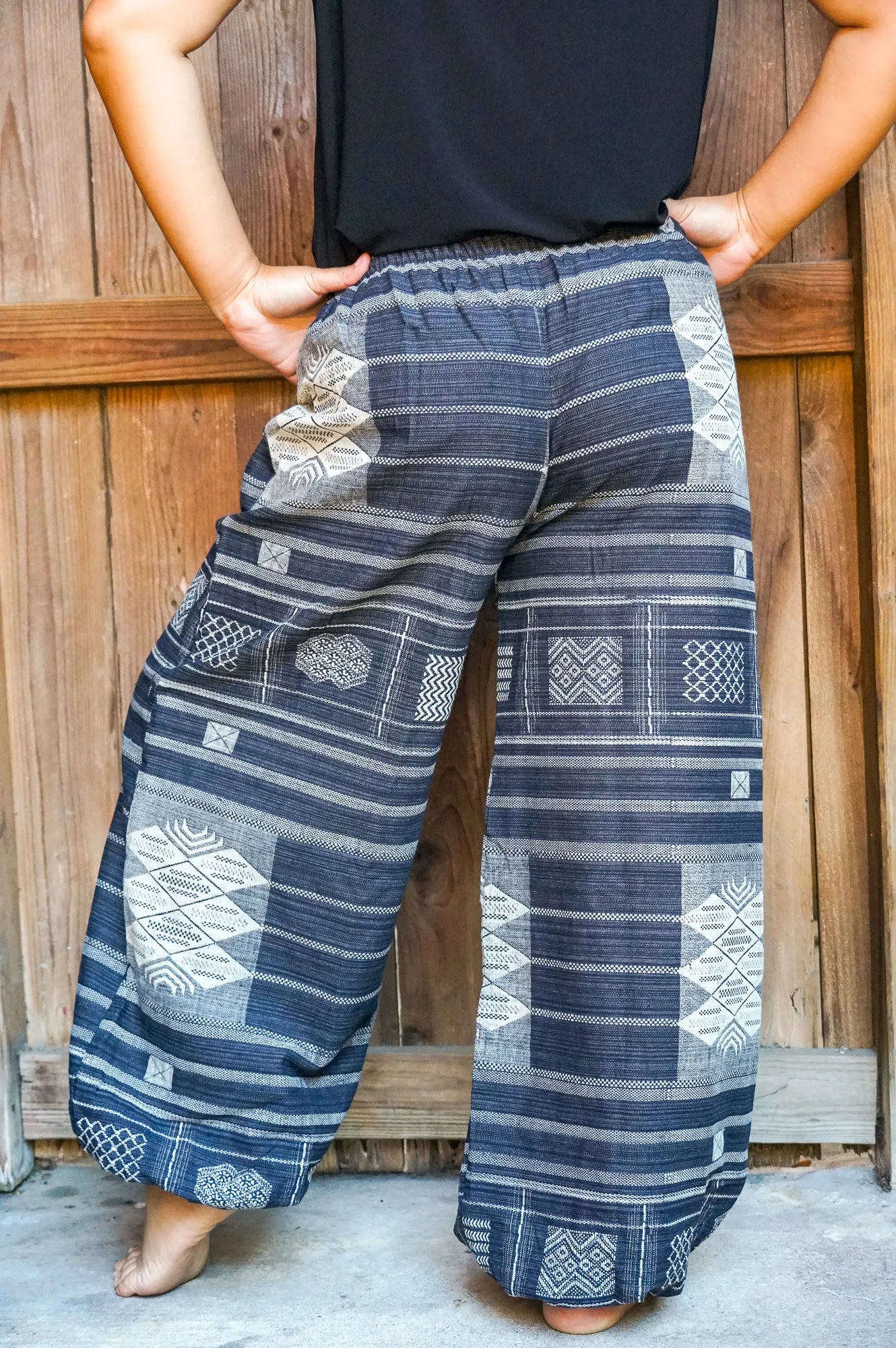 Bohemian Drawstring Slubbed Harem Pants- Rainbow/Neutral Multi