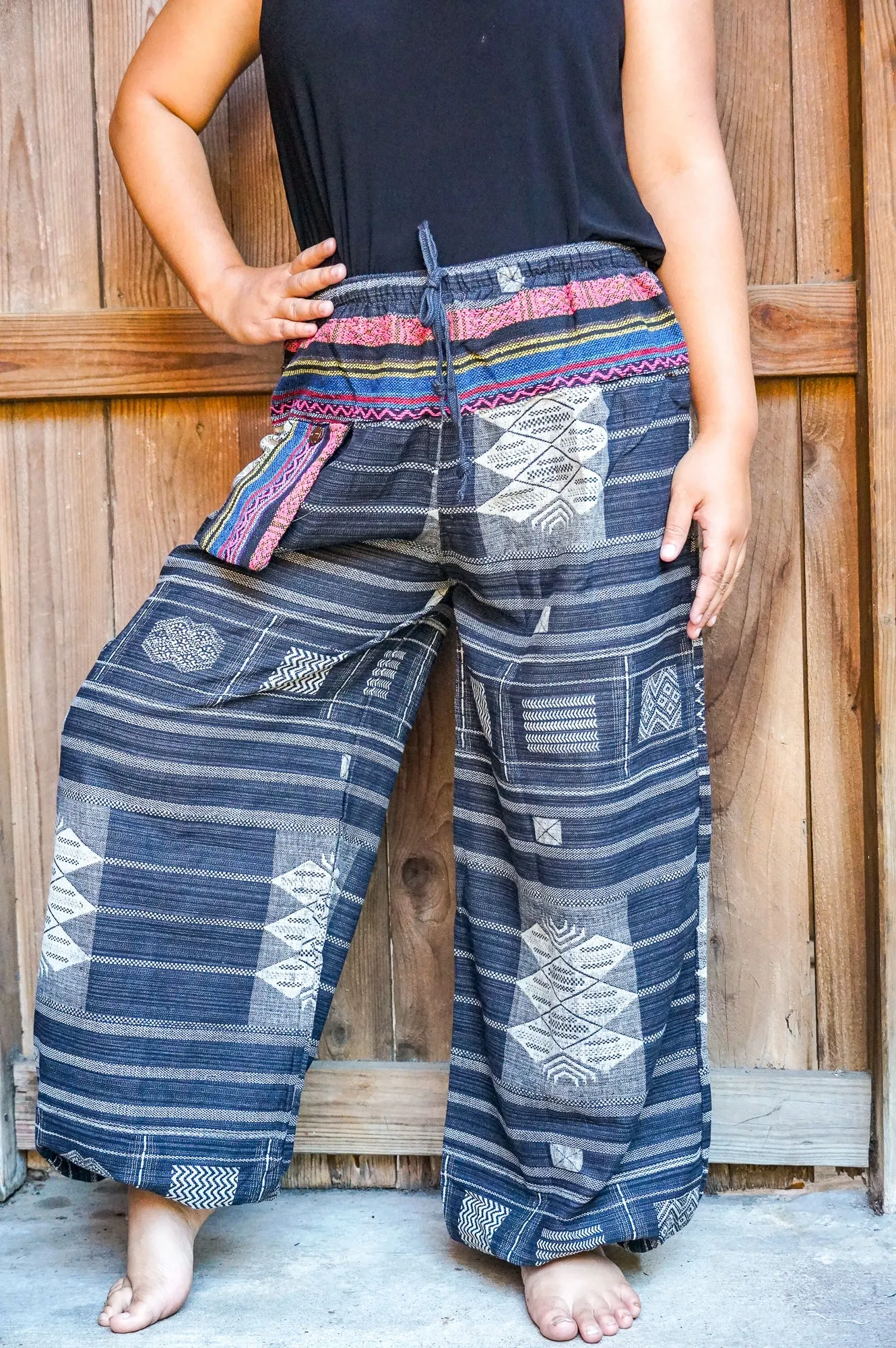 Bohemian Drawstring Slubbed Harem Pants- Rainbow/Neutral Multi