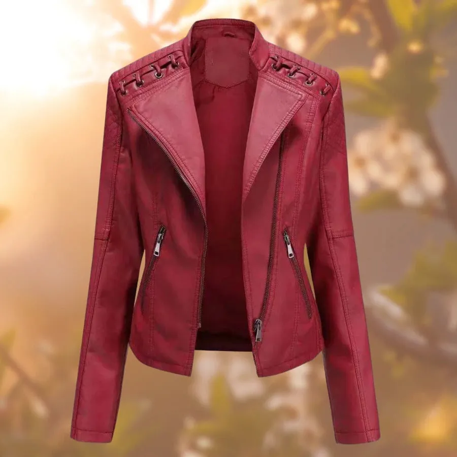 Bold Women’s Leather Biker Jacket with Quilted Shoulder Accents