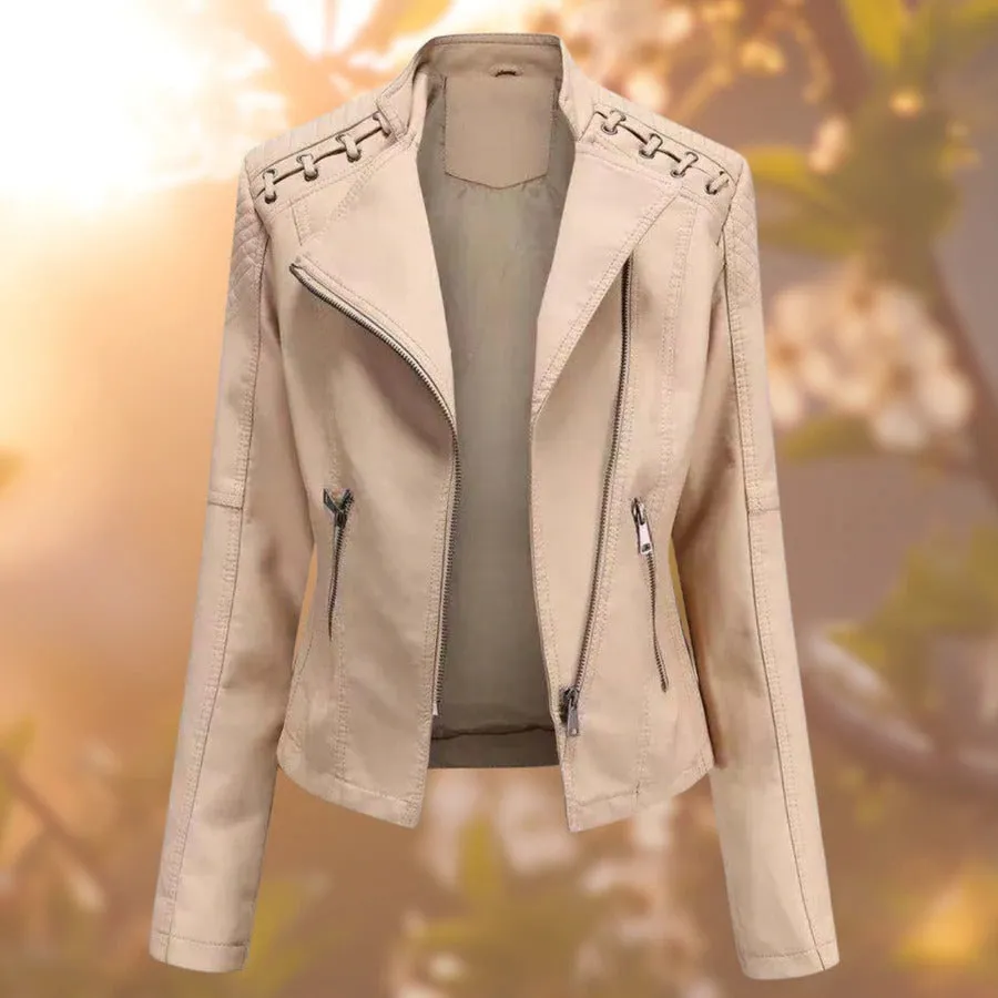 Bold Women’s Leather Biker Jacket with Quilted Shoulder Accents