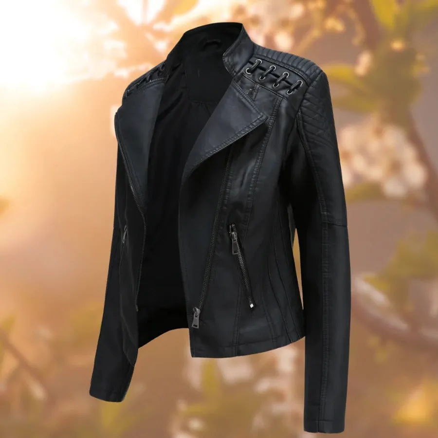 Bold Women’s Leather Biker Jacket with Quilted Shoulder Accents