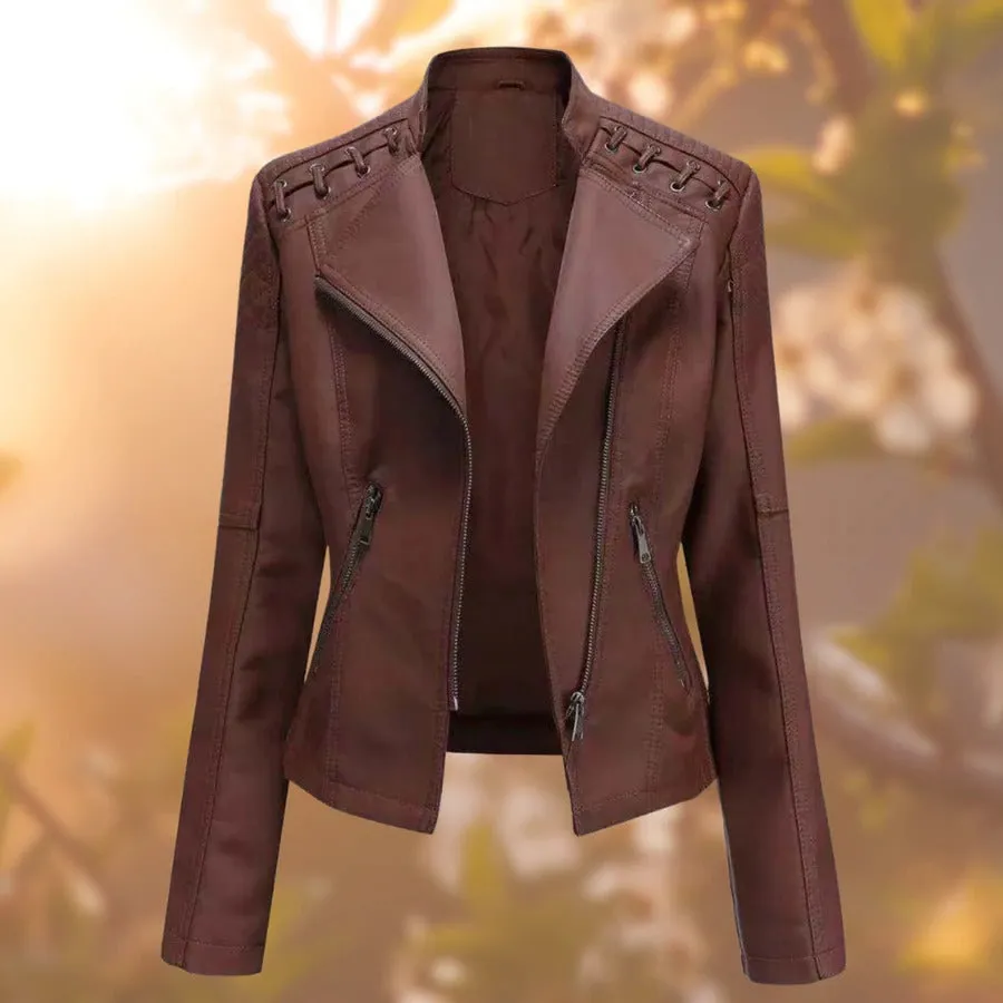 Bold Women’s Leather Biker Jacket with Quilted Shoulder Accents