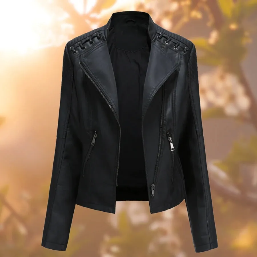 Bold Women’s Leather Biker Jacket with Quilted Shoulder Accents