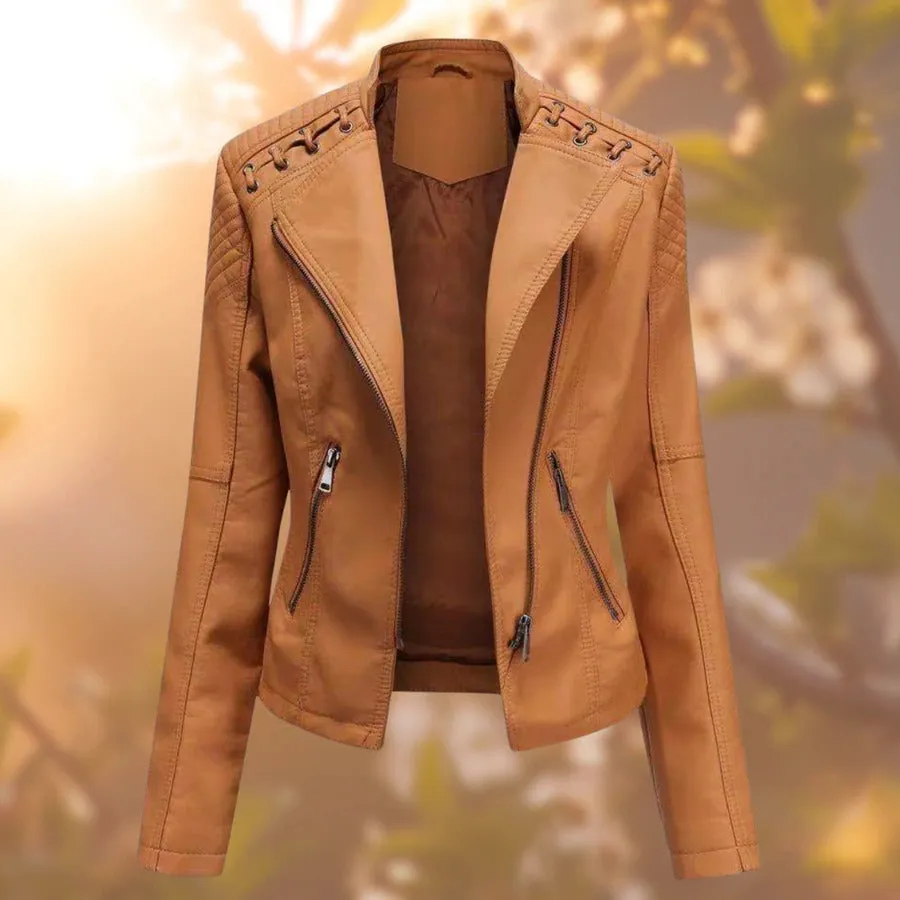 Bold Women’s Leather Biker Jacket with Quilted Shoulder Accents