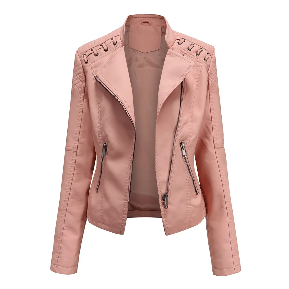 Bold Women’s Leather Biker Jacket with Quilted Shoulder Accents