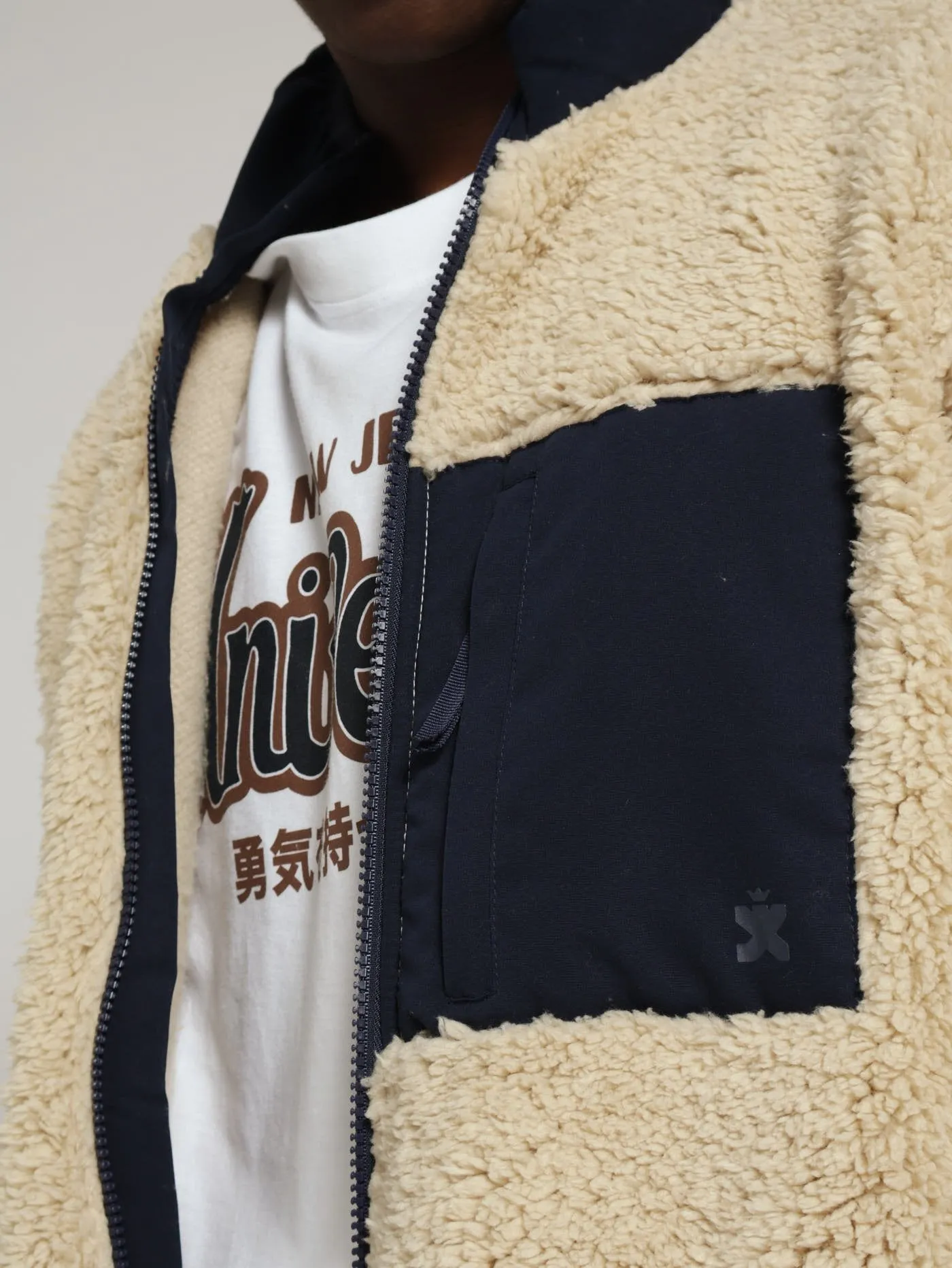 Borg Nylon Zip Through Track Top - Light Stone