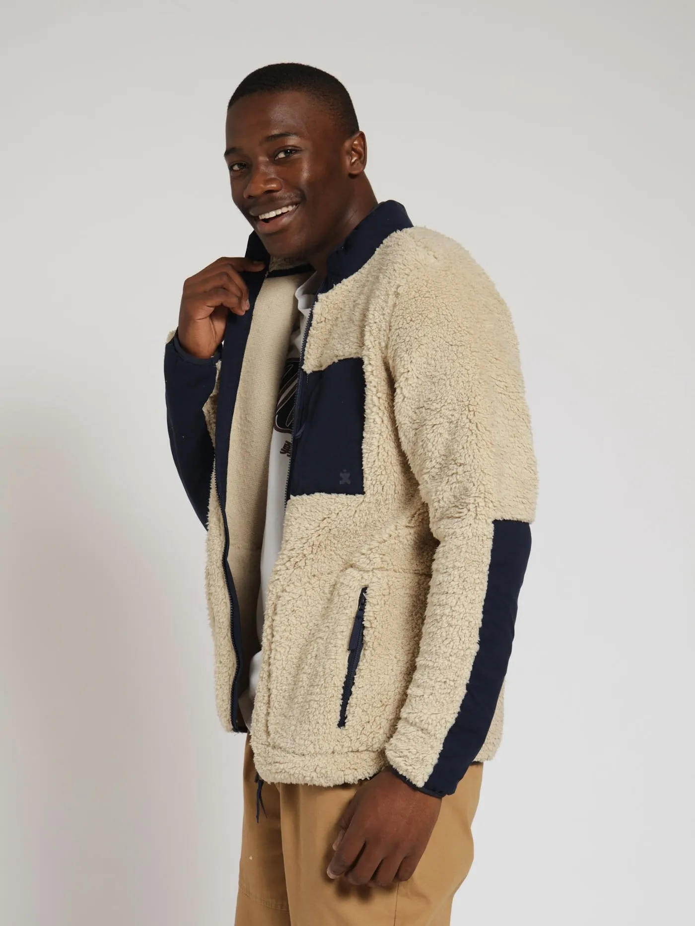 Borg Nylon Zip Through Track Top - Light Stone