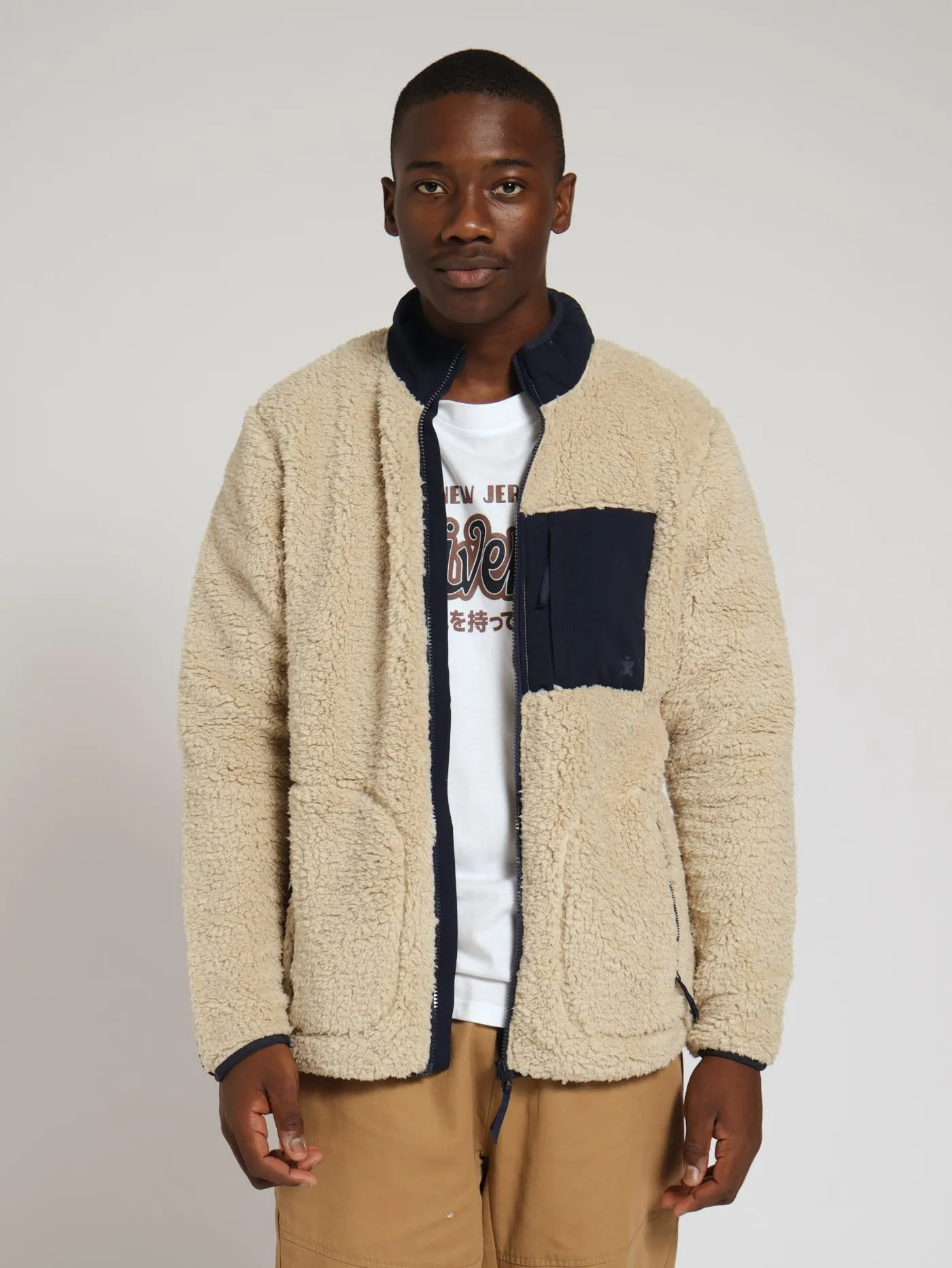 Borg Nylon Zip Through Track Top - Light Stone