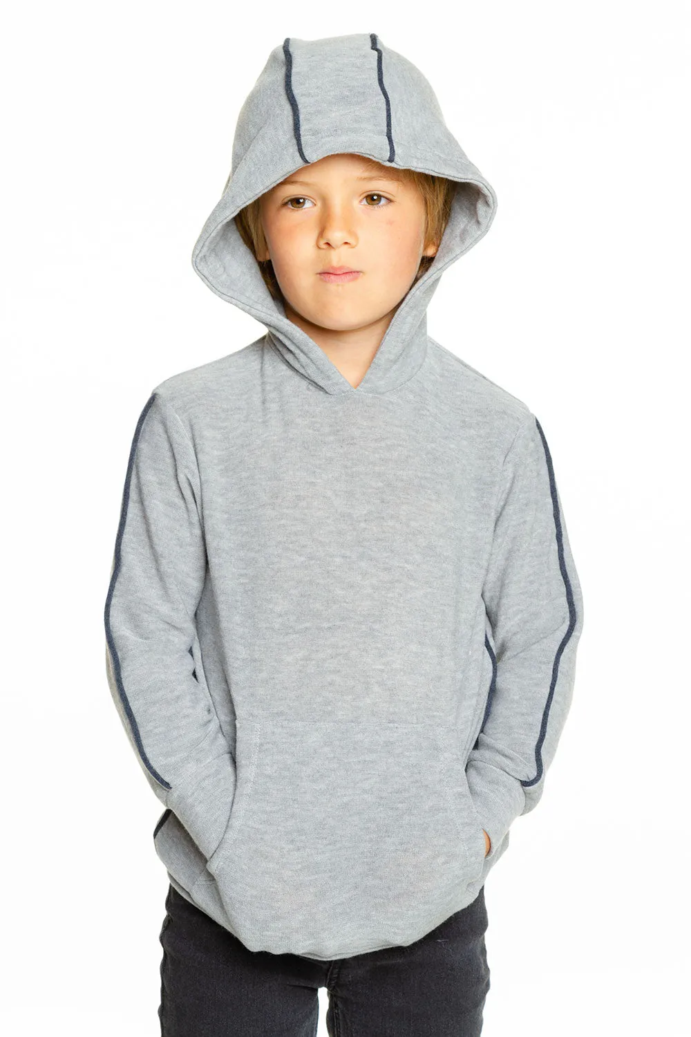 Boys Cozy Knit Contrast Piping Kanga Pocket Pullover Hoodie