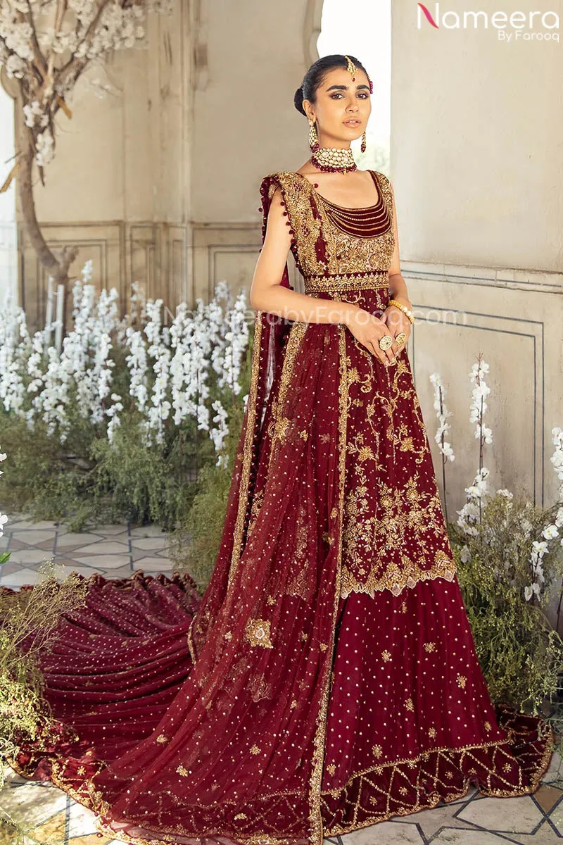 Bride Wedding Dress in Maroon Bridal Lehenga Frock #BN866