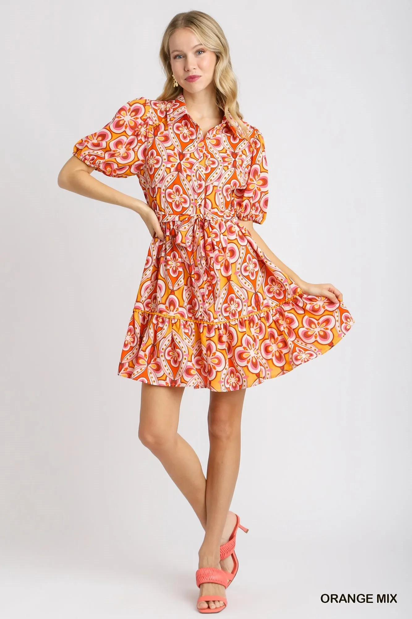 Brooke Print Collared Button Down A-Line Dress with Waist Belt Tie In  Orange Mix