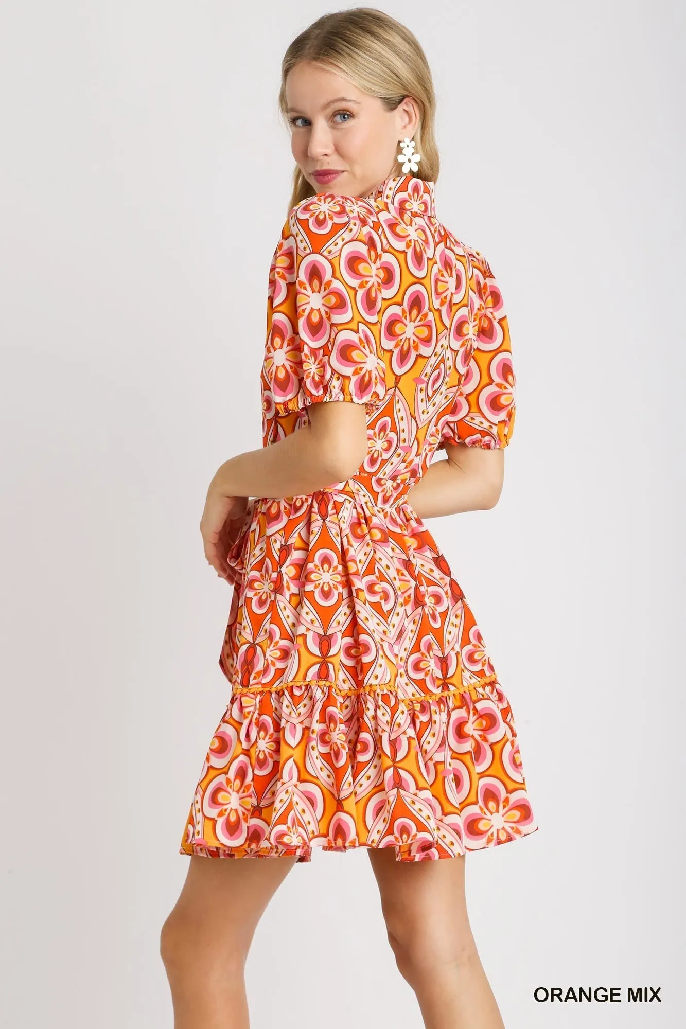 Brooke Print Collared Button Down A-Line Dress with Waist Belt Tie In  Orange Mix