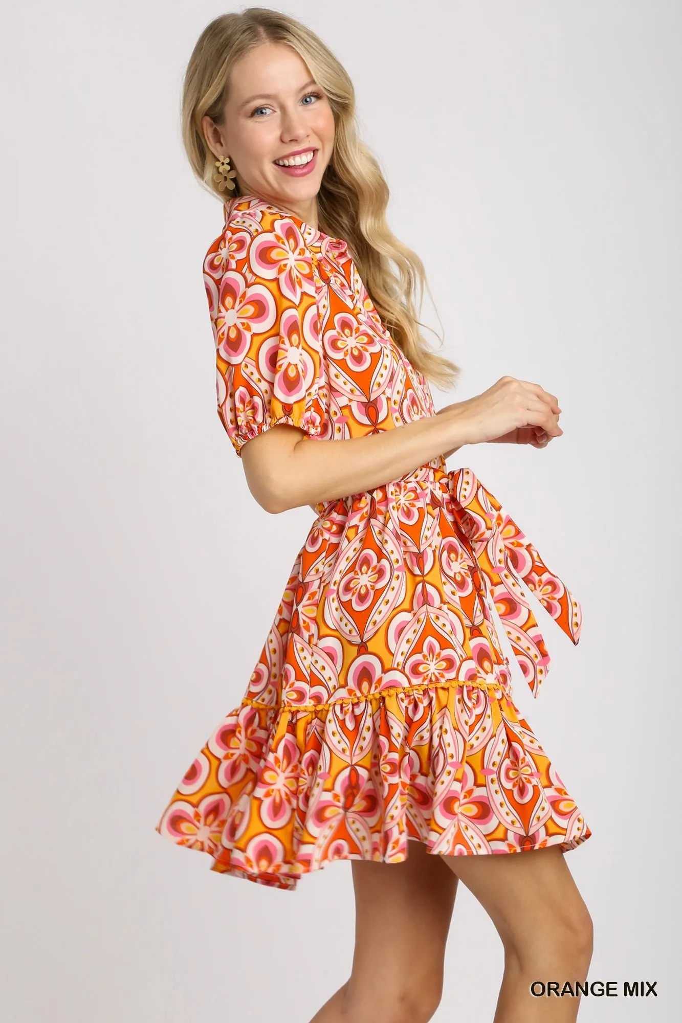 Brooke Print Collared Button Down A-Line Dress with Waist Belt Tie In  Orange Mix
