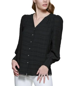 Calvin Klein Womens Plaid Puff Shoulder Button Up Blouse M2BAP689