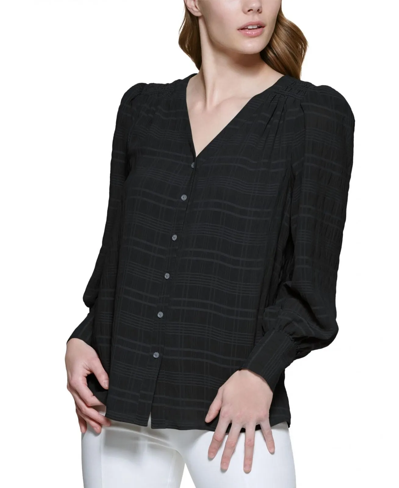 Calvin Klein Womens Plaid Puff Shoulder Button Up Blouse M2BAP689