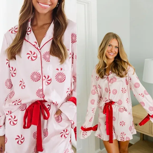 Candy Cane Pink Christmas Pajama Top