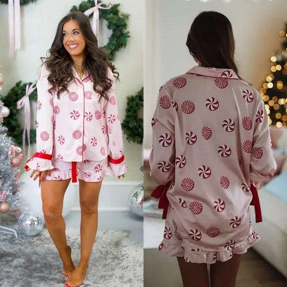 Candy Cane Pink Christmas Pajama Top