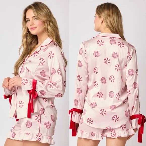 Candy Cane Pink Christmas Pajama Top