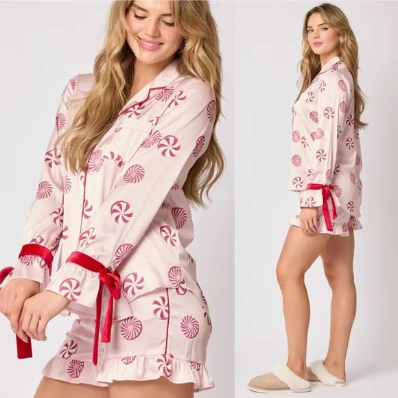 Candy Cane Pink Christmas Pajama Top