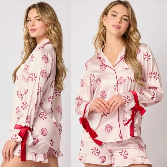 Candy Cane Pink Christmas Pajama Top