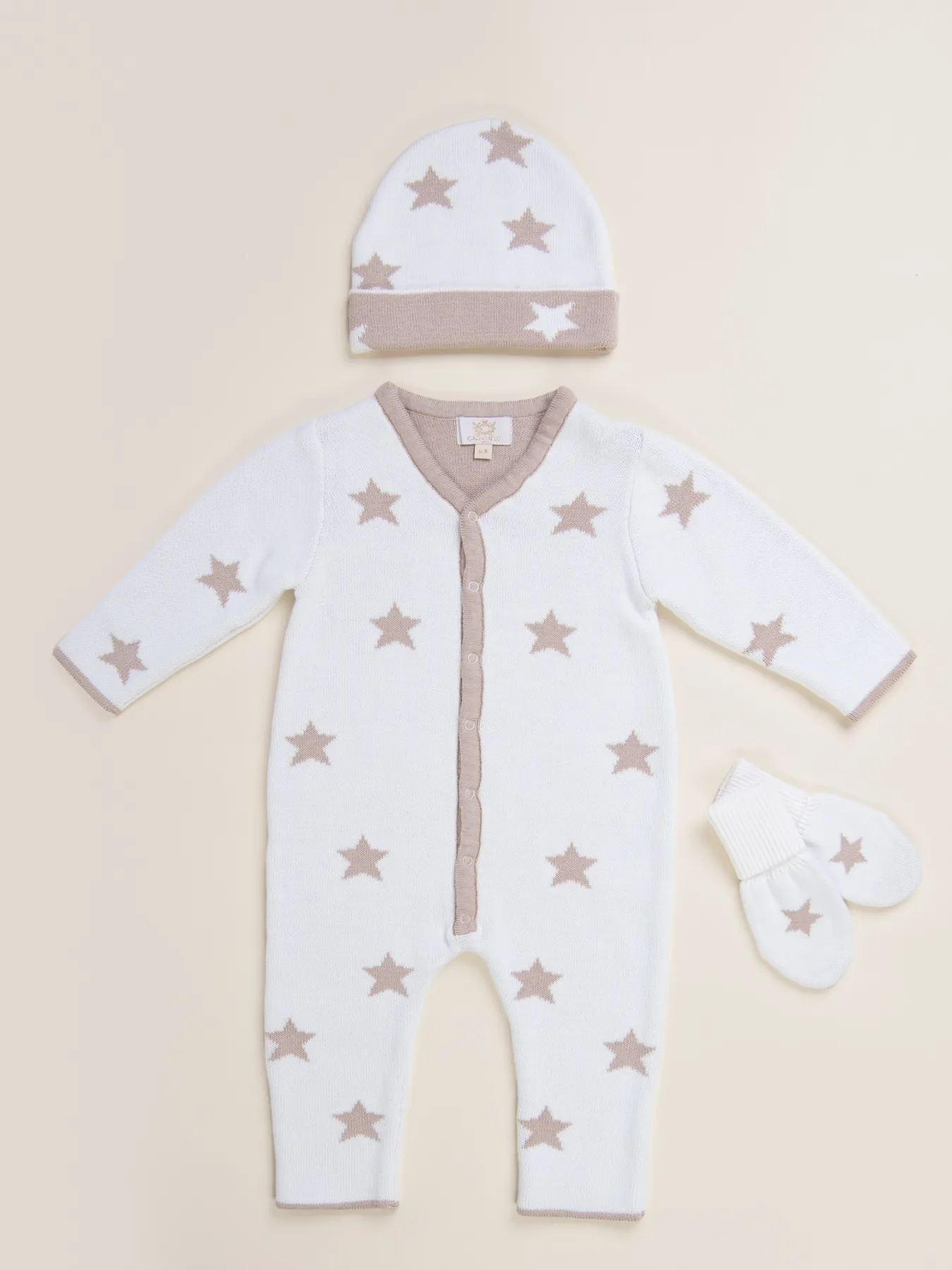 Caramelo Kids Knitted Star Romper With Hat & Mittens - Neutral