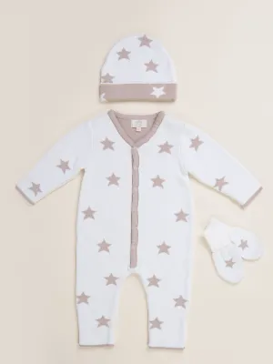 Caramelo Kids Knitted Star Romper With Hat & Mittens - Neutral