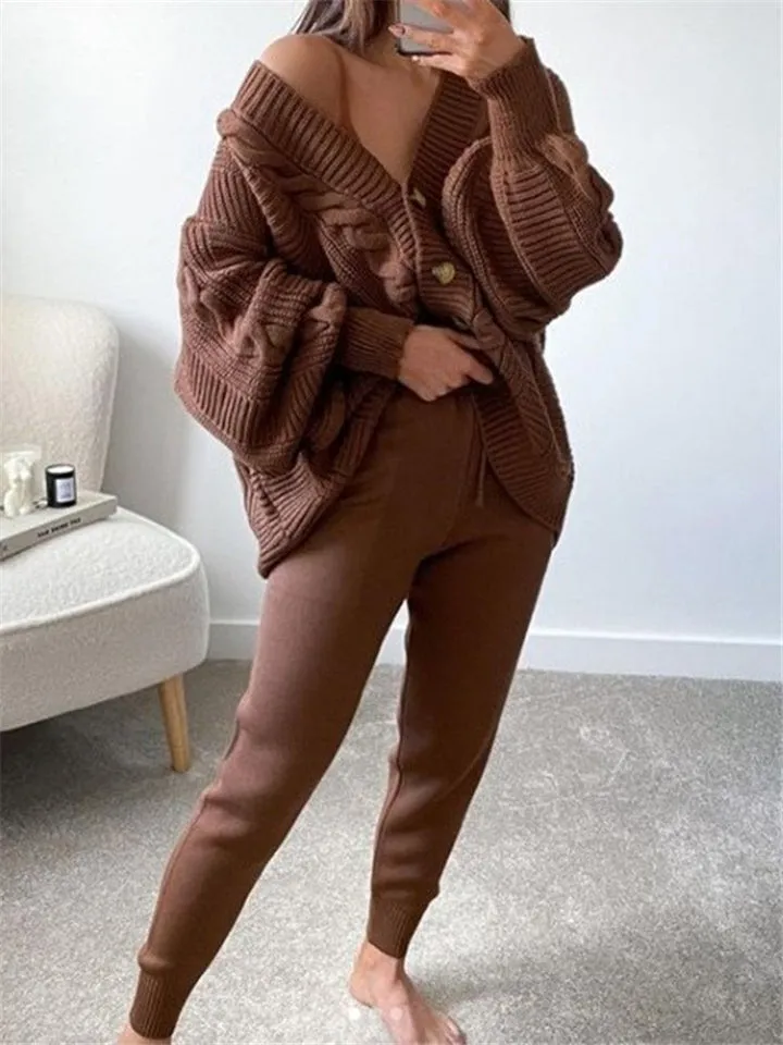 Casual Simple Buttons-Up Solid Color V-Neck Sweater Outfits Tops Pants