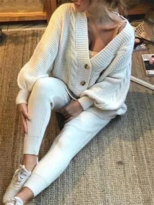 Casual Simple Buttons-Up Solid Color V-Neck Sweater Outfits Tops Pants