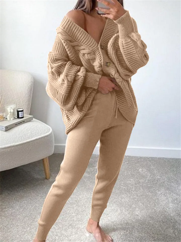Casual Simple Buttons-Up Solid Color V-Neck Sweater Outfits Tops Pants