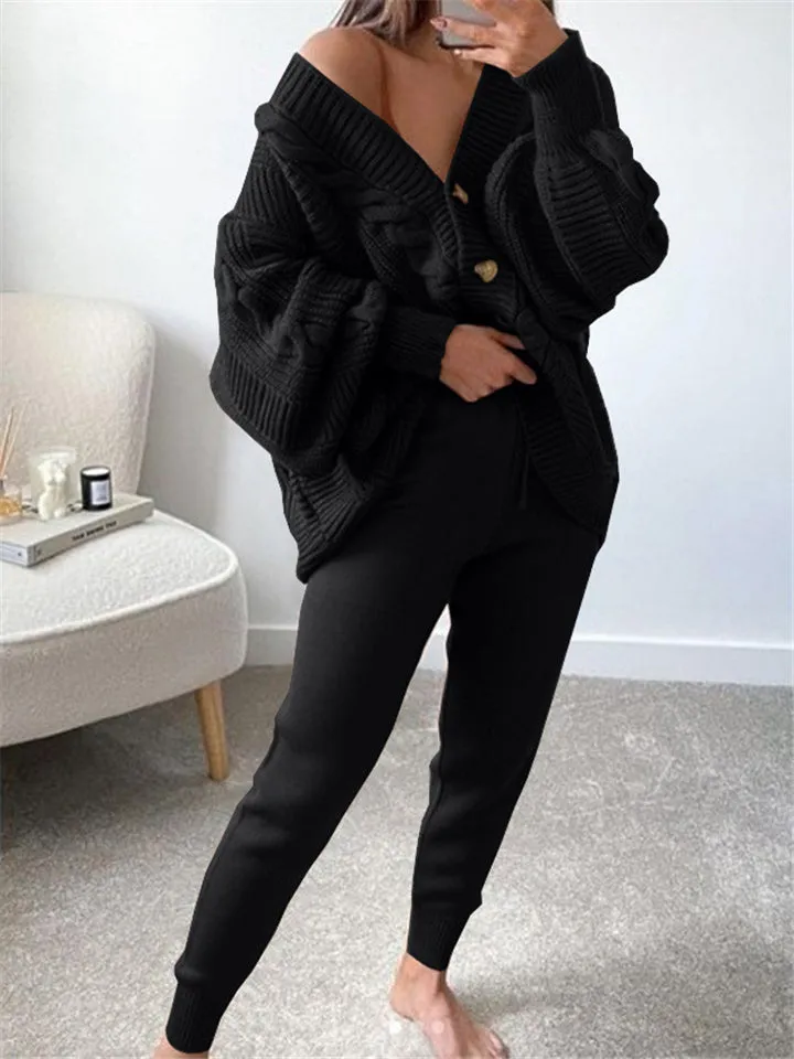 Casual Simple Buttons-Up Solid Color V-Neck Sweater Outfits Tops Pants