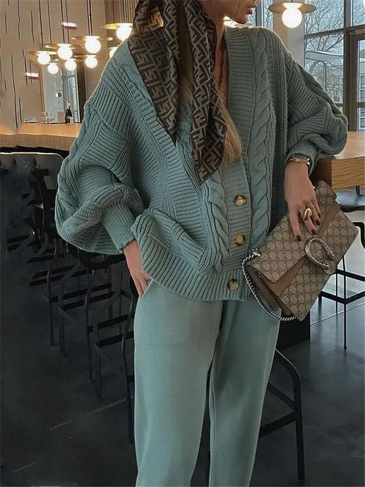 Casual Simple Buttons-Up Solid Color V-Neck Sweater Outfits Tops Pants