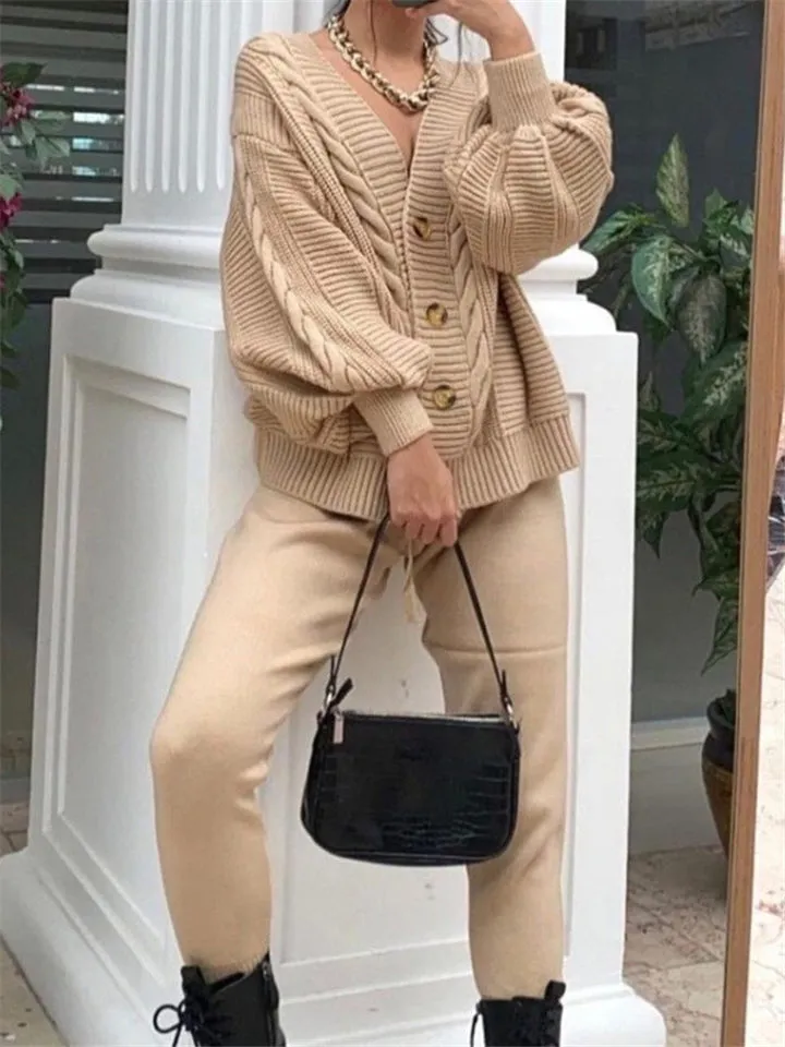Casual Simple Buttons-Up Solid Color V-Neck Sweater Outfits Tops Pants