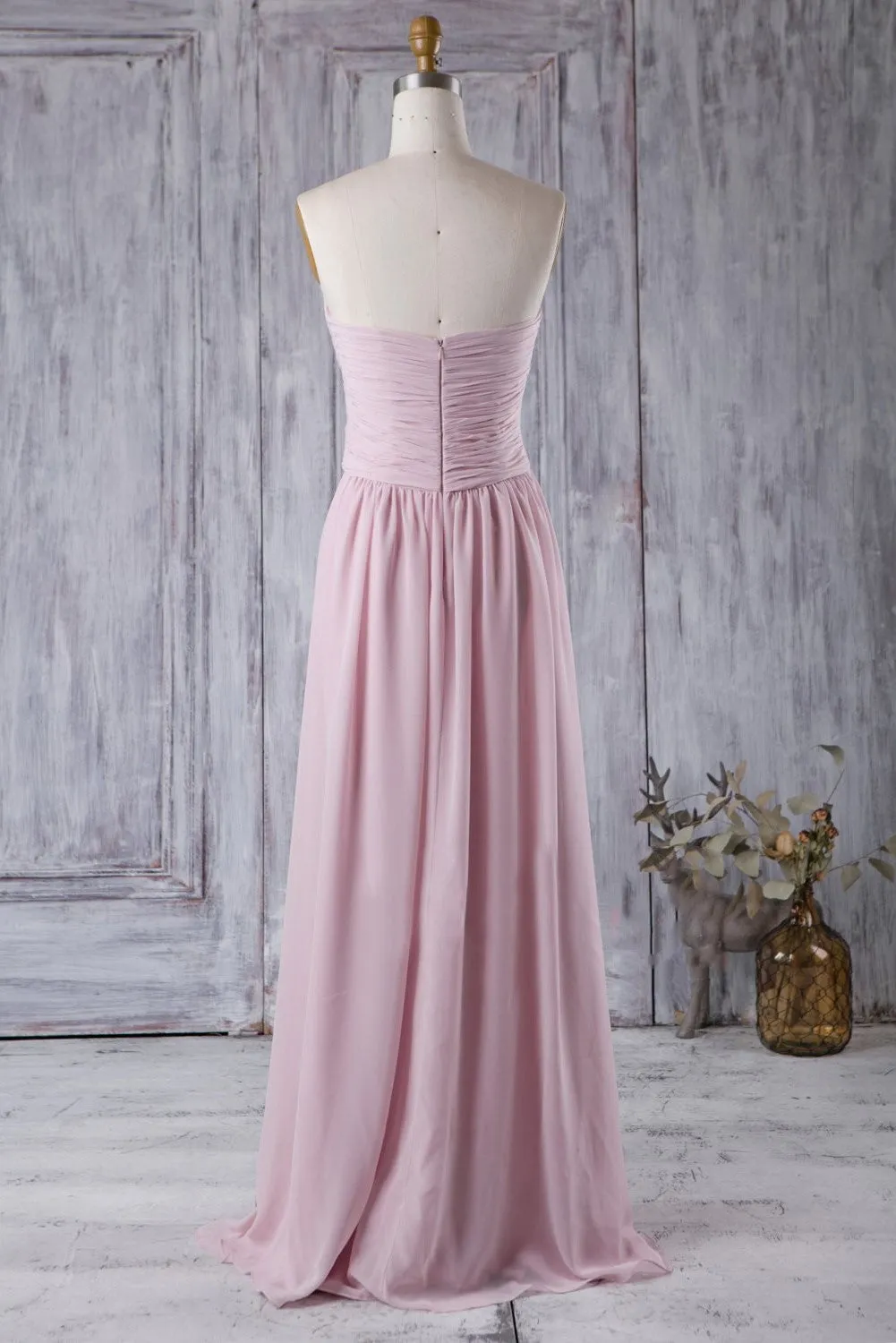 Chiffon Pleated Strapless Pink Bridesmaids Dress Backless