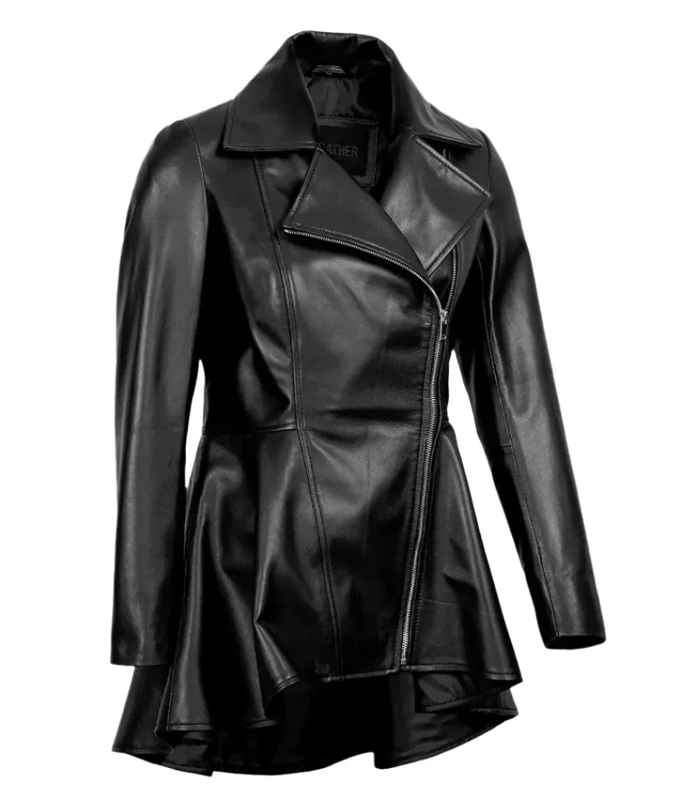 Clarissa Womens Black Asymmetrical Peplum Leather Jacket