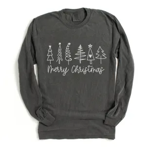 Comfort Colors Long Sleeved Pepper Merry Christmas Trees Tee-  Adult Size - Christmas Shirt