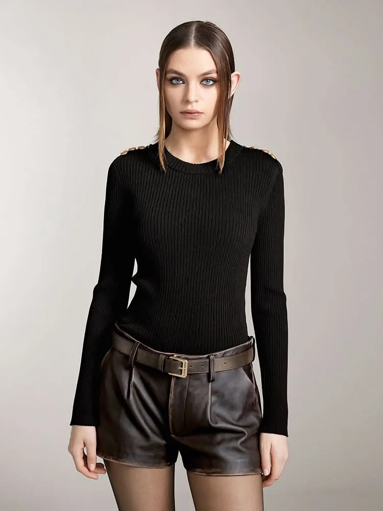 Crew Neck Knit Top With Buttons