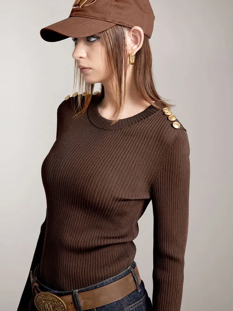 Crew Neck Knit Top With Buttons