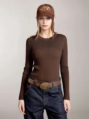 Crew Neck Knit Top With Buttons