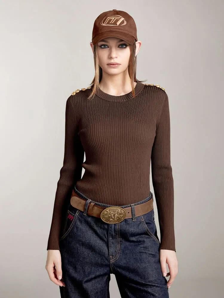 Crew Neck Knit Top With Buttons
