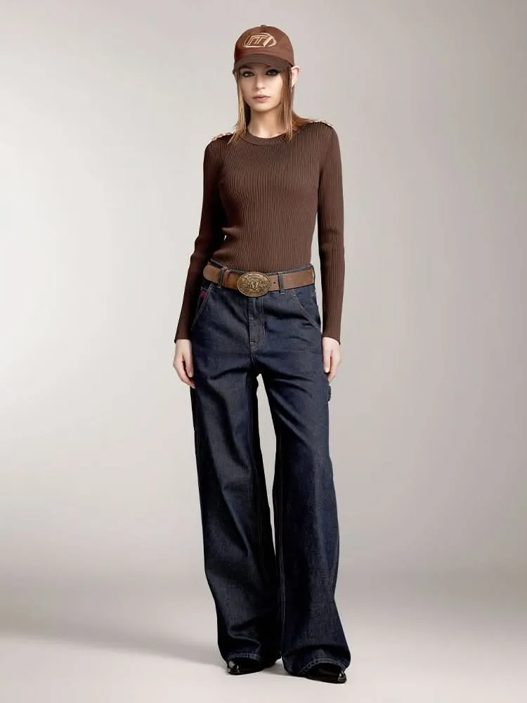 Crew Neck Knit Top With Buttons