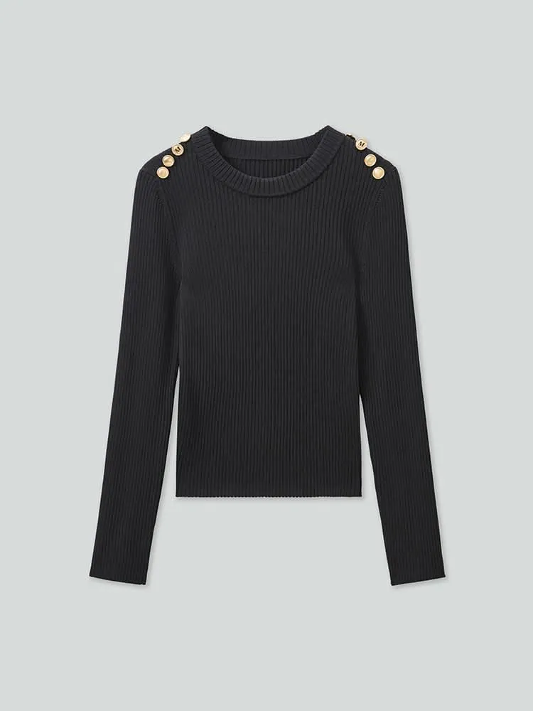 Crew Neck Knit Top With Buttons