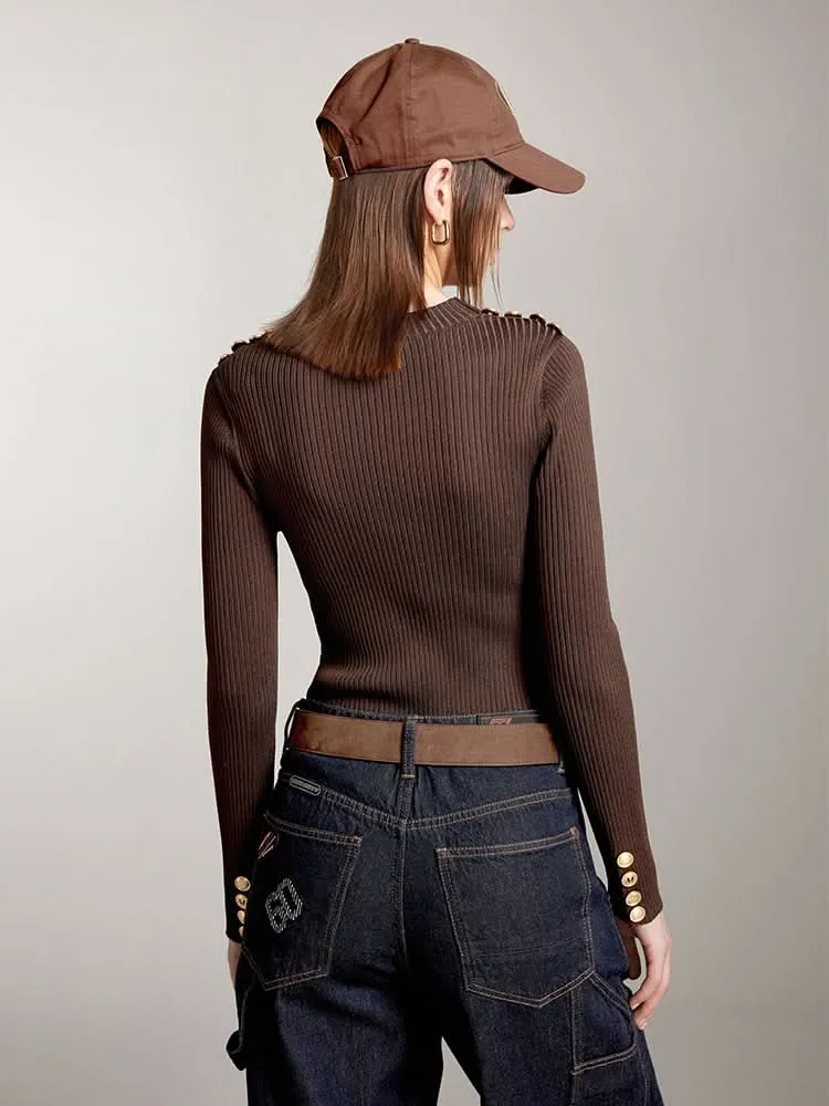 Crew Neck Knit Top With Buttons
