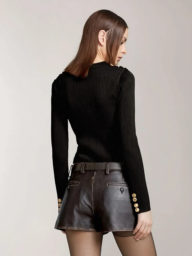Crew Neck Knit Top With Buttons